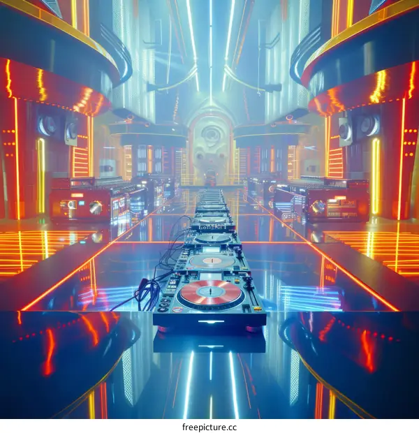 A futuristic nightclub with a long illuminated dance floor in the center and a dj turntable in the foreground