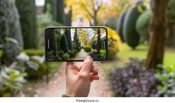 Hand Holding Smartphone Taking Picture of Autumn Garden Path