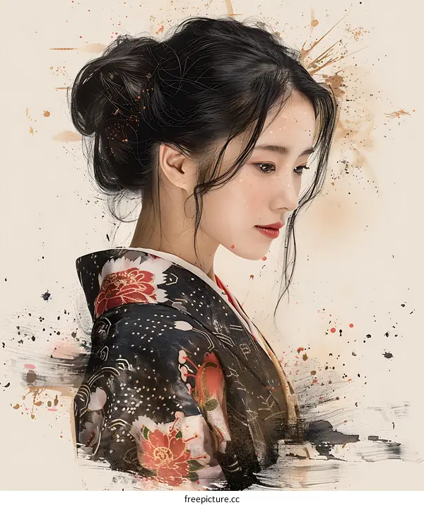 Side view of a Japanese woman wearing a kimono