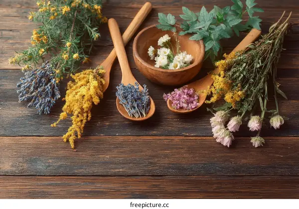 Dried herbs and flowers arranged on wooden surface