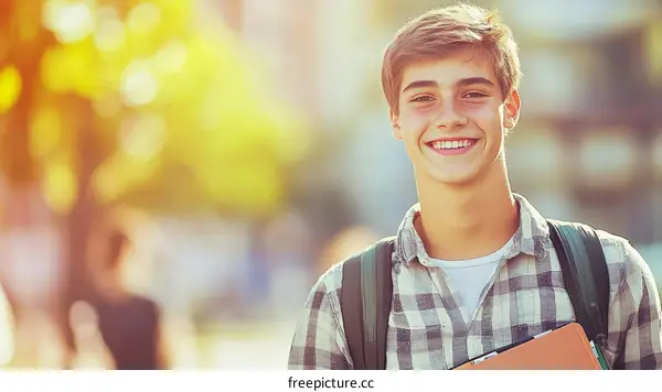 Smiling Teenager Outdoors with Backpack