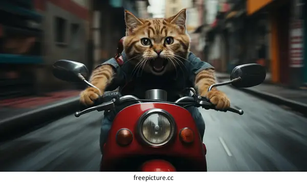 A ginger cat rides a motorcycle down a city street