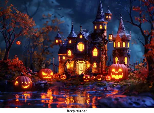 Spooky Halloween Haunted House with Scary Pumpkins in a Dark Forest