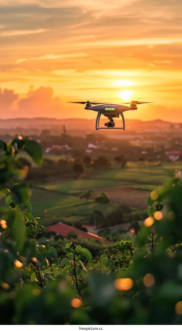 A drone flies over a lush green landscape at sunset