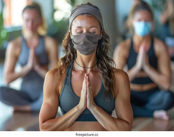 Three women in sportswear and face masks meditating in a yoga studio