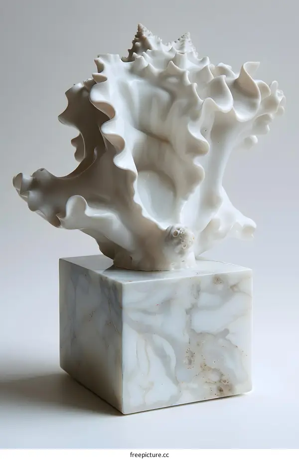 White sculpture of a conch shell on a marble base against a white background