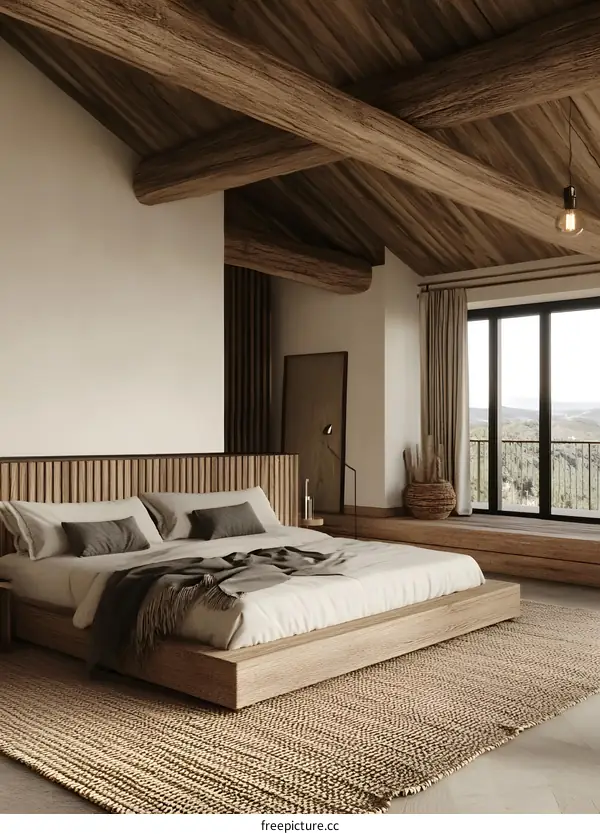 Modern Minimalist Bedroom Interior Design With Wooden Beams
