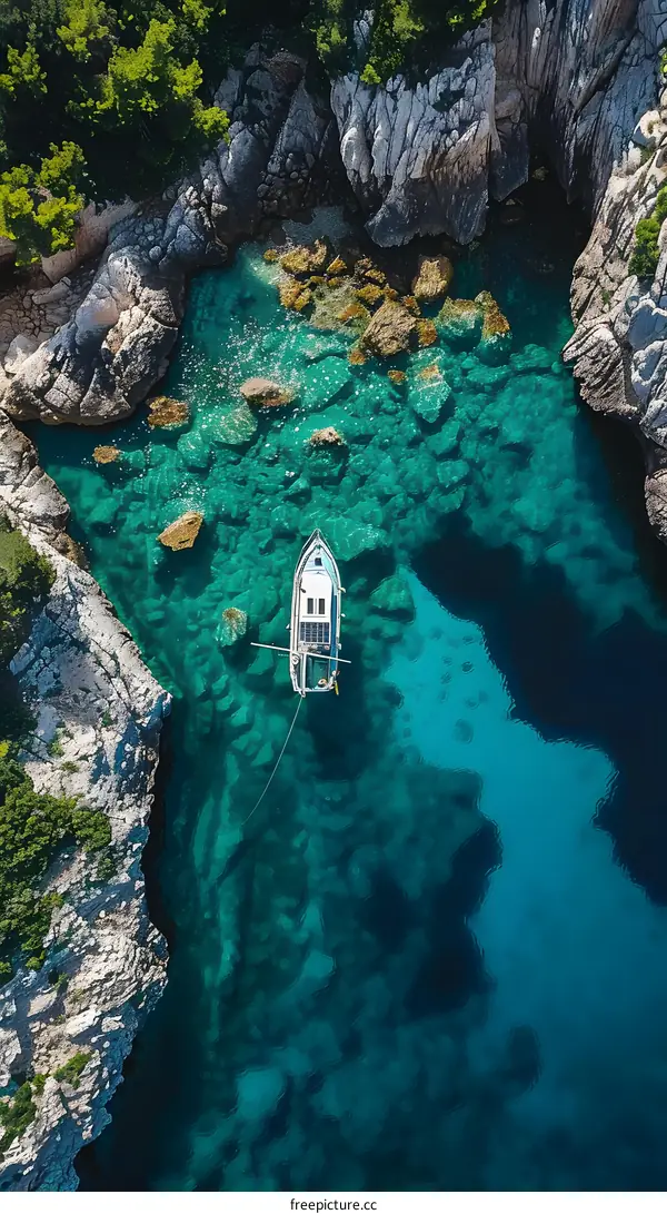 Aerial View of a Boat in a Crystal Clear Sea Cove