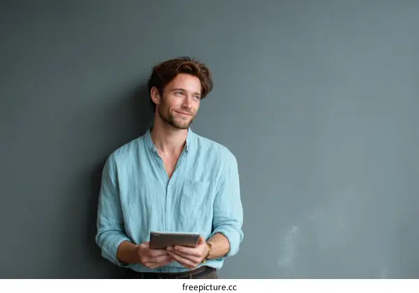 A Young Man Standing Against Gray Wall with Digital Tablet