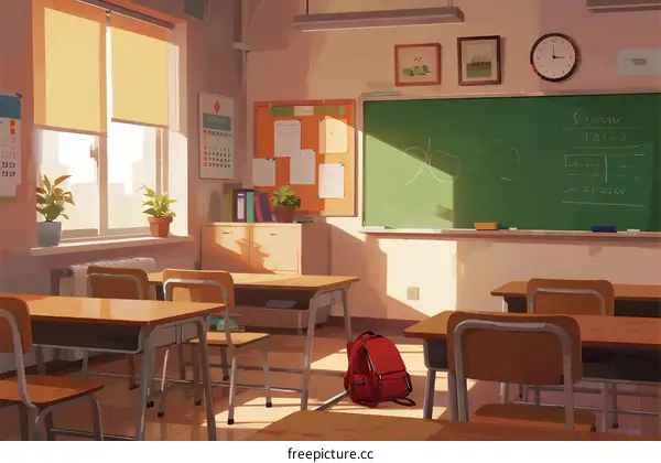 Empty Classroom with Desks and Green Chalkboard Under Sunlight