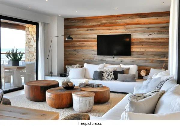 Modern Coastal Living Room with Rustic Wooden Wall
