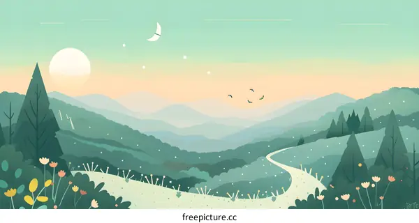 Green Mountain Illustration with Sun and Moon