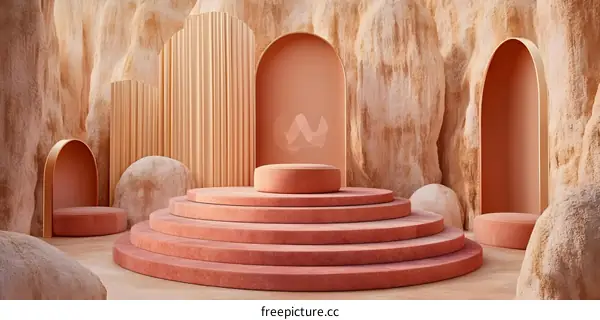 Abstract Beige and Pink 3D Minimalist Scene With Archways