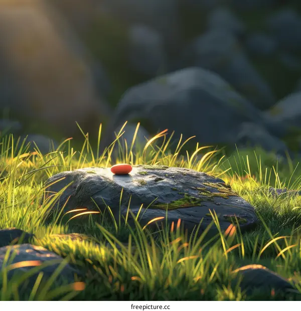 Red pebble on a rock in the morning sun