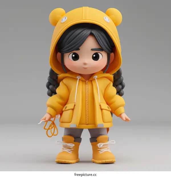 A cute 3D cartoon girl wearing a yellow hoodie