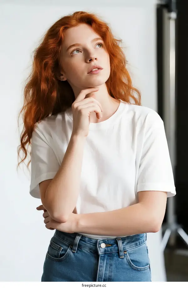 Young woman with red curly hair wearing white t-shirt and blue jeans