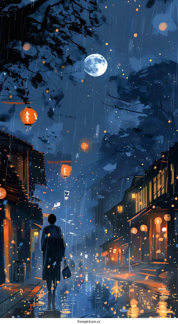 Rainy Night in Japanese City with Woman Walking
