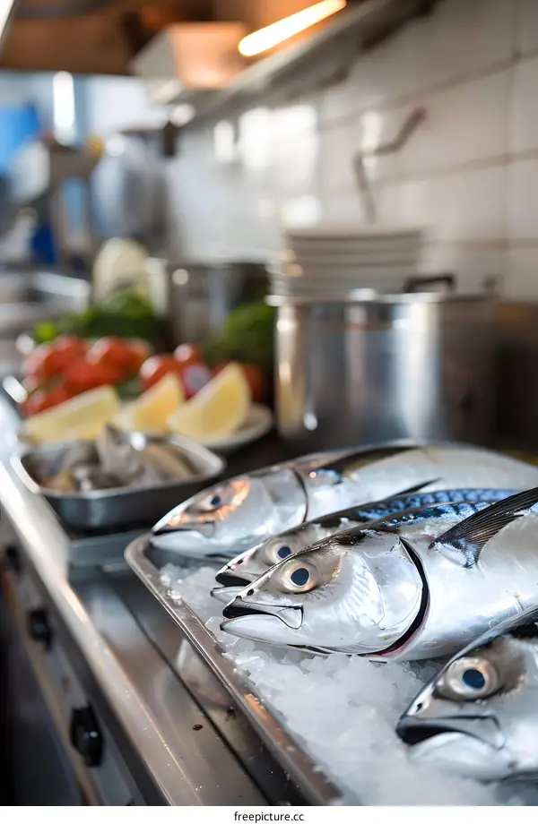 Fresh fish on ice in a restaurant kitchen with vegetables in the background