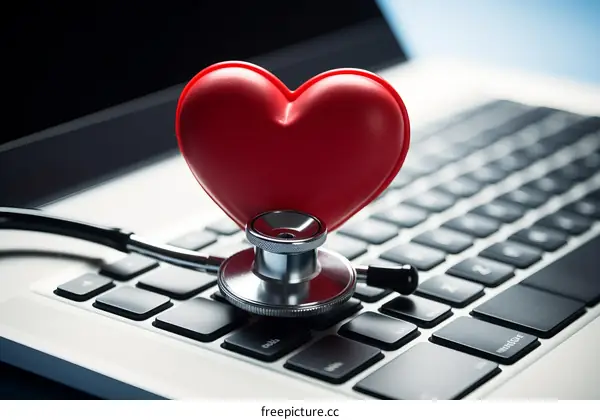 Laptop with a red heart and stethoscope on the keyboard