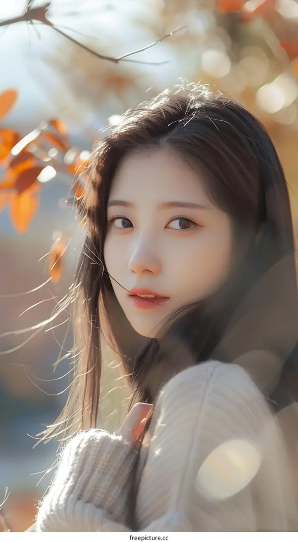 Beautiful Asian Woman in White Sweater with Autumn Leaves Background