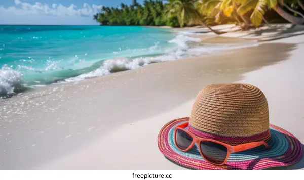 Beach vacation with a straw hat and sunglasses