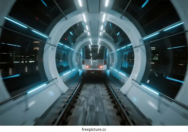 Futuristic high-speed train moving through illuminated tunnel