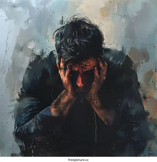 A man is sitting on the floor with his hands on his head.