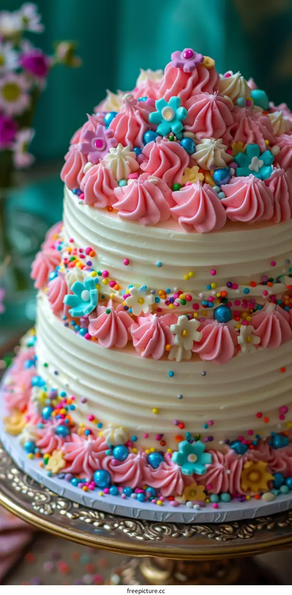 Buttercream frosted cake with pink and blue flowers