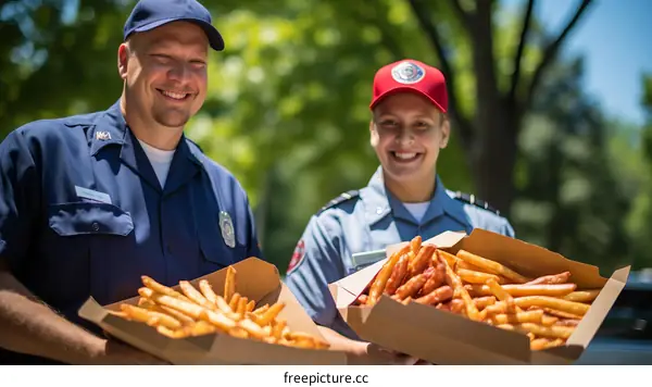 Smiling Community Service Workers Holding Boxes of French Fries