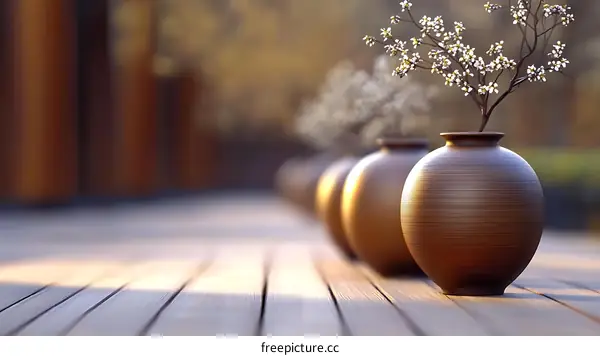 Elegant Ceramic Vases with Spring Flowers on Wooden Deck