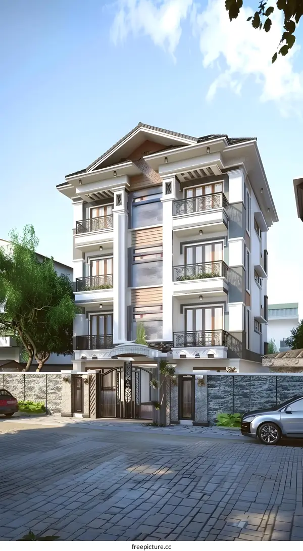 Modern White Exterior Home Design With Metal Gate And Stone Wall