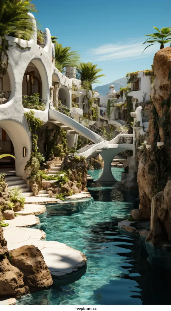 Futuristic Mediterranean style architecture with a river flowing through it