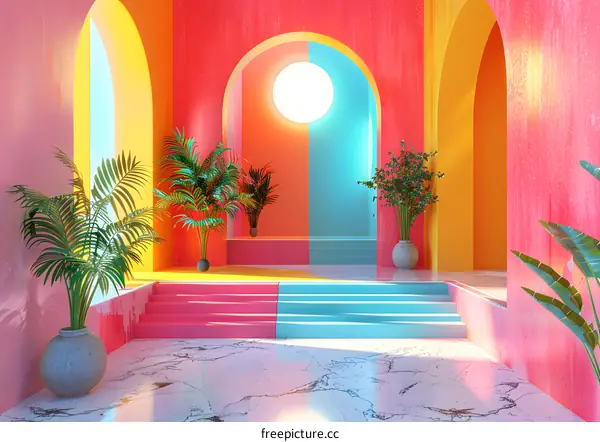 Colorful Interior Design with Archways and Plants