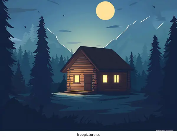 Cabin in the Woods at Night with Full Moon