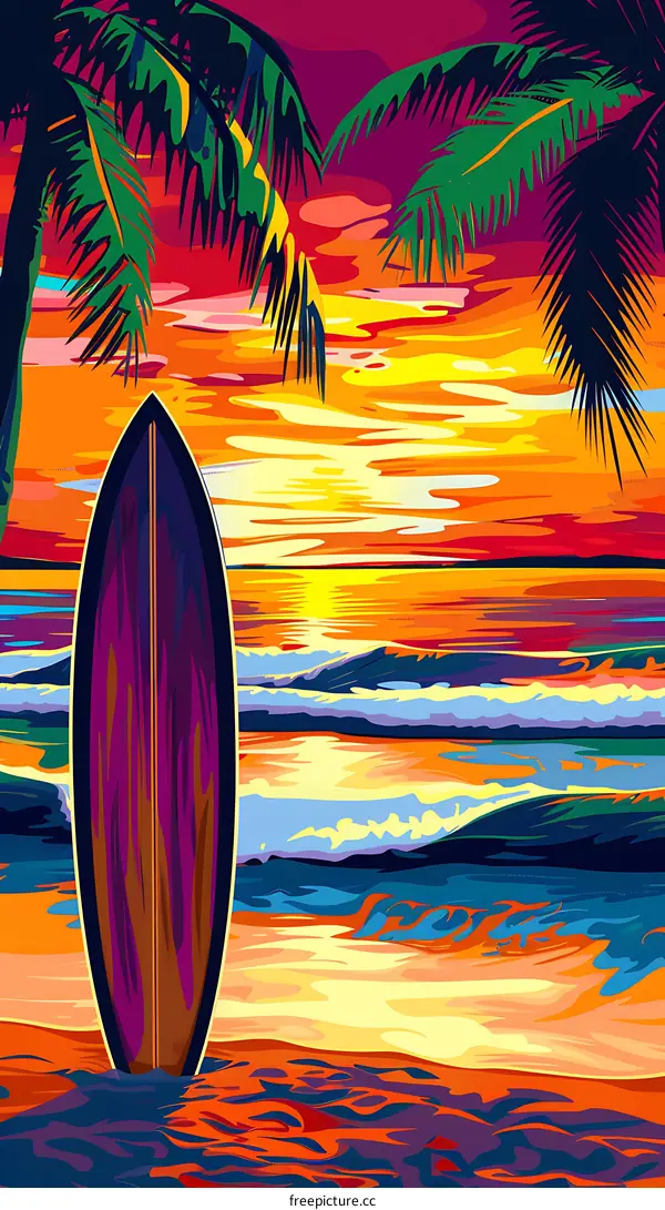 Sunset Beach with Palm Trees and Surfboard