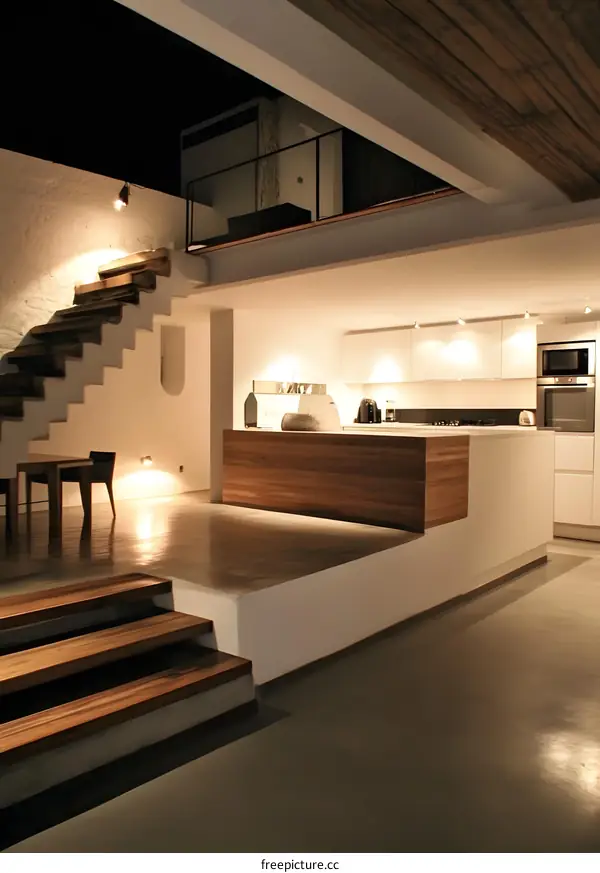 Modern Minimalist Kitchen Design with Wooden Stairs and a Mezzanine Floor