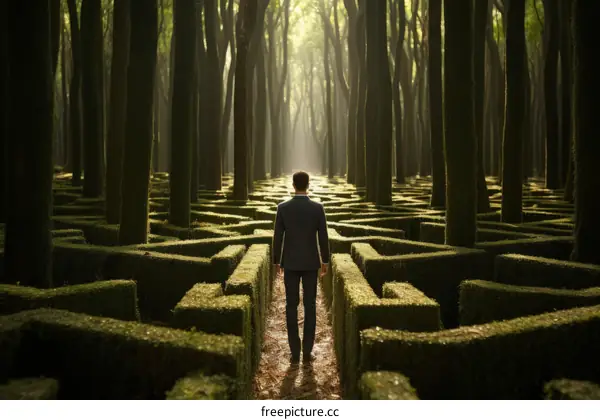 Businessman Navigating a Hedge Maze