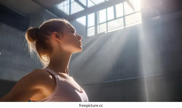 Young Woman in a White Tank Top Standing in a Room with Sunlight Streaming In Through a Window