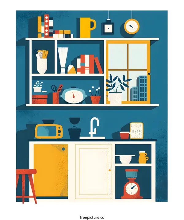 Modern Kitchen Illustration With Blue Background