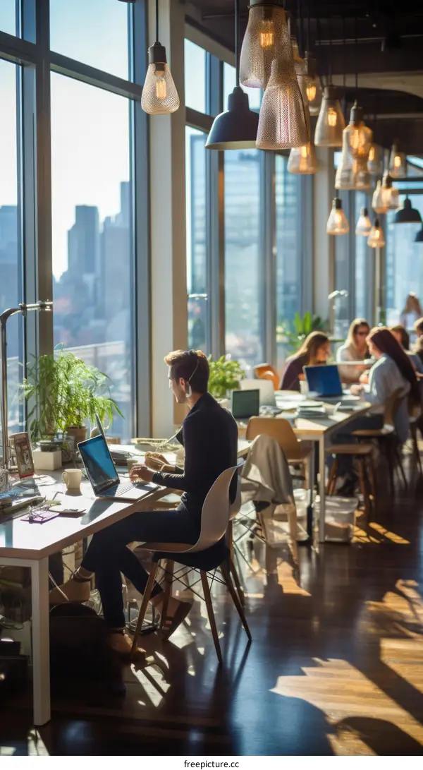 A group of people working in a modern office space with a city view