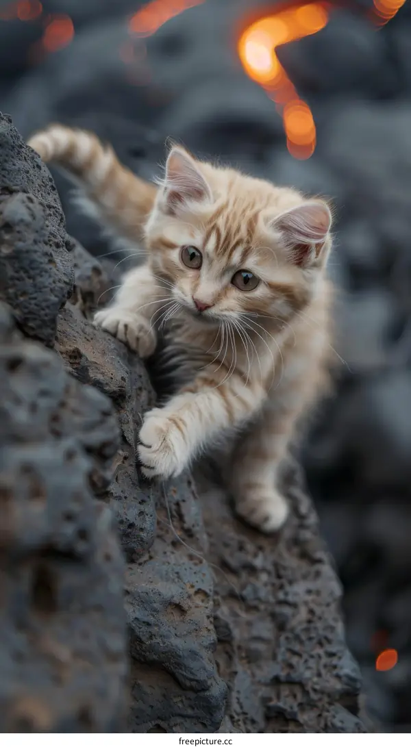 Little ginger kitten climbing on a rock