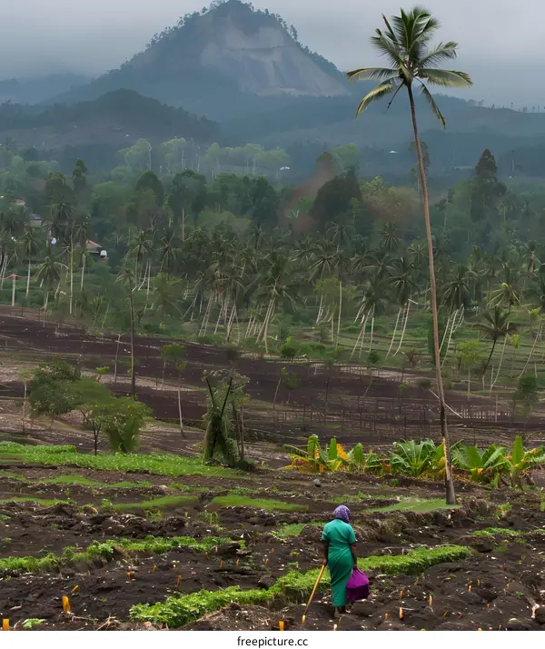 Woman Walking Through a Farm Field in the Foothills of a Mountain