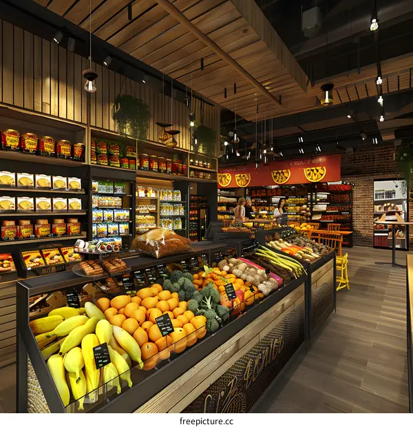 Modern Grocery Store with Fresh Produce and Wooden Decor