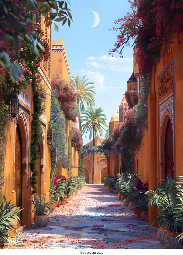 Beautiful Illustration of a Moroccan Alleyway with Flowers
