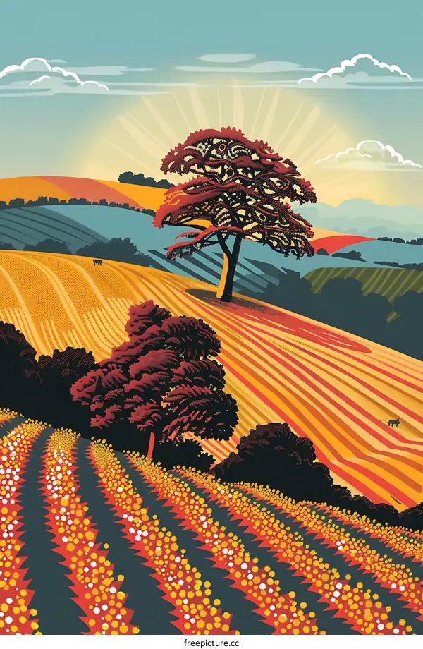 Sunrise Over Rolling Hills Illustration