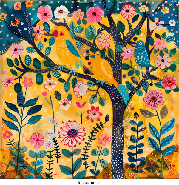 Colorful Birds In a Tree with Flowers