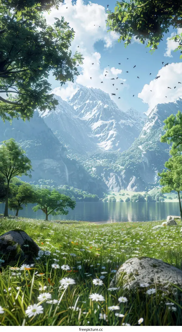 Tranquil Mountain Lake with Flower Field and Birds