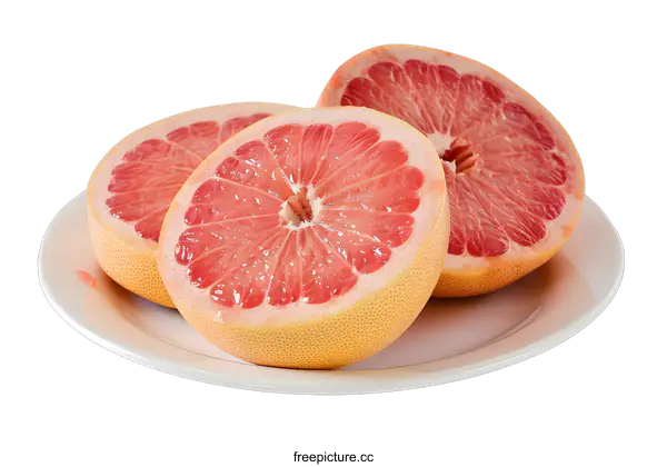 [Transparent Background PNG]Fresh Halved Grapefruits on a White Plate