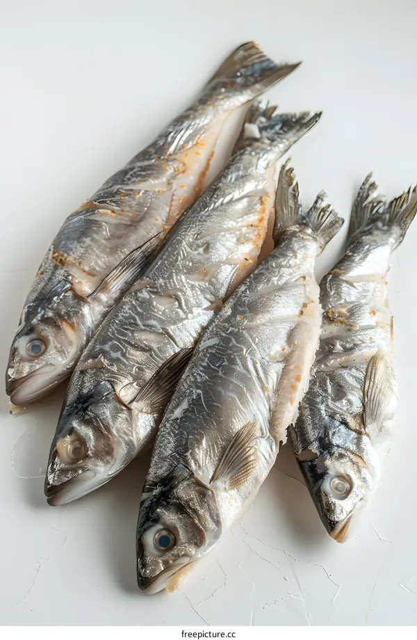 Four fish are lying on a white surface