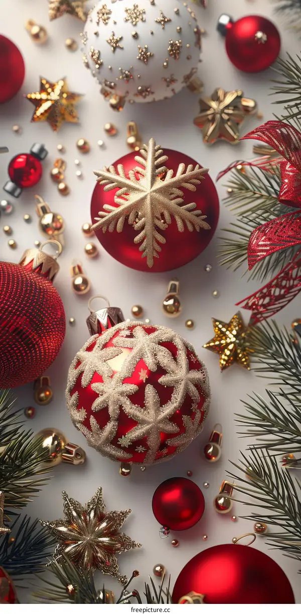 Red and Gold Christmas Ornaments on White Background